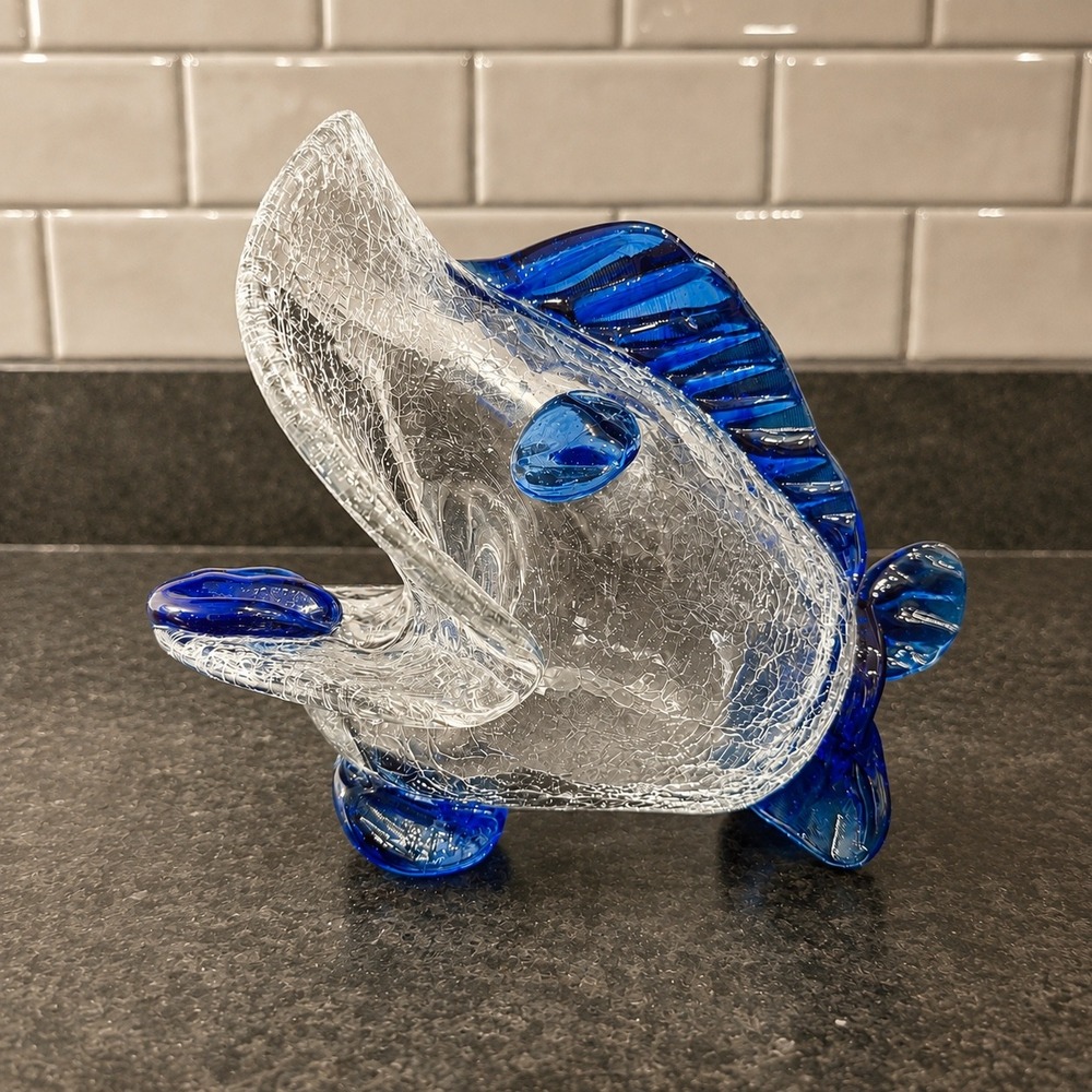 Art Glass Mexican Fish Crackle Glass Cobalt Blue Nautical Big Mouth Ashtray